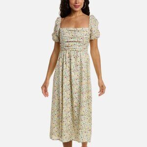 o.p.t River Dress Multicolor Floral Pattern Plated Bodice Puff Sleeves Women's L